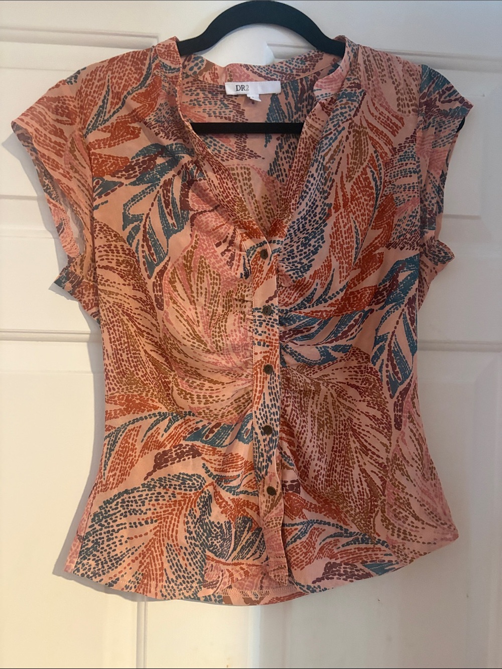 DR2 Peach-Pink Floral Print Button Front Blouse Size S